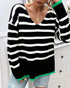 Striped V-Neck Long Sleeve Side Slit Knit Sweater black
