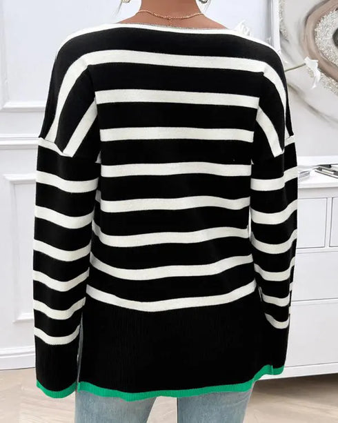 Striped V-Neck Long Sleeve Side Slit Knit Sweater black