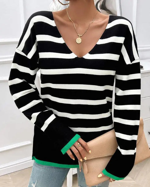Striped V-Neck Long Sleeve Side Slit Knit Sweater black