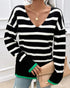 Striped V-Neck Long Sleeve Side Slit Knit Sweater black