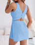 French Style Square Neck Backless Zipper Back Overalls Twist Back Ruched Slim Fit Slit Faux Two-Piece Skort Romper blue
