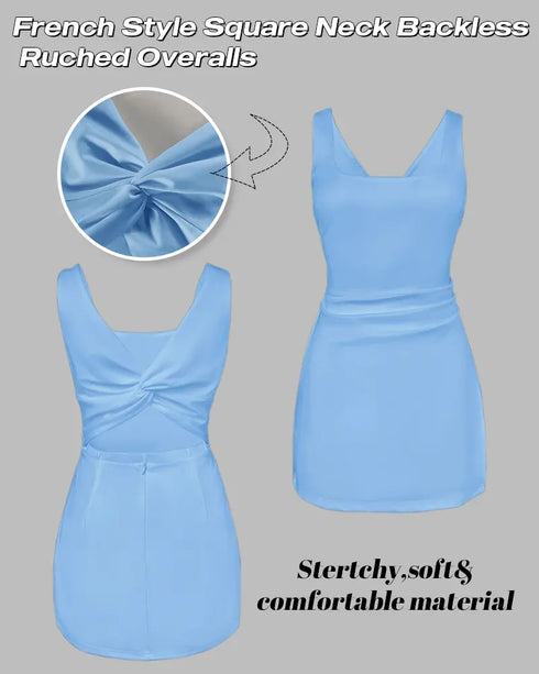 French Style Square Neck Backless Zipper Back Overalls Twist Back Ruched Slim Fit Slit Faux Two-Piece Skort Romper blue