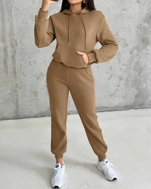 2 Pieces Outfit Kangaroo Pocket Thermal Lined Drawstring Hoodie Sweatshirt and Casual Elastic Waist Cinched Ribbed Cuffs Sporty Sweatpants Set khaki