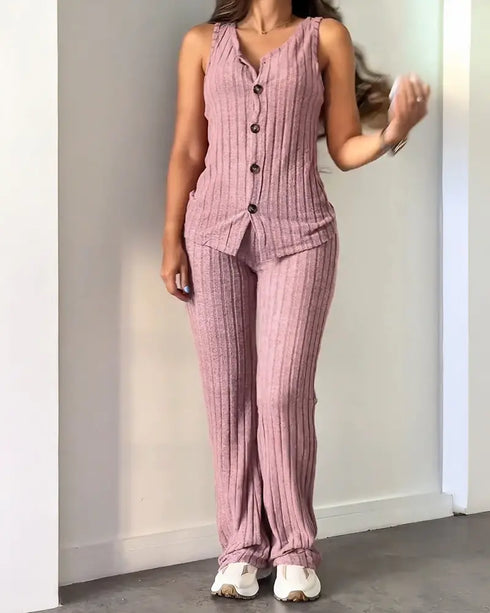 2 Pieces Outfit V-Neck Sleeveless Button Front Vest Top and Elastic Waist Slightly Flared Pants Set Casual Ribbed Brushed Loungewear pink
