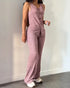 2 Pieces Outfit V-Neck Sleeveless Button Front Vest Top and Elastic Waist Slightly Flared Pants Set Casual Ribbed Brushed Loungewear pink