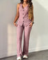 2 Pieces Outfit V-Neck Sleeveless Button Front Vest Top and Elastic Waist Slightly Flared Pants Set Casual Ribbed Brushed Loungewear pink