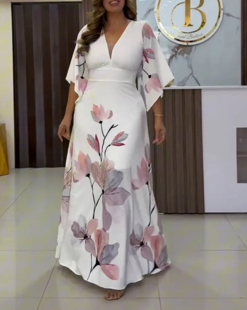 Floral Placement Print Deep V Neck Bell Sleeve Vacation Dress Casual Zipper Back Cinched Waist Maxi Dress With Lining white
