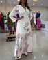 Floral Placement Print Deep V Neck Bell Sleeve Vacation Dress Casual Zipper Back Cinched Waist Maxi Dress With Lining white