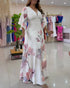 Floral Placement Print Deep V Neck Bell Sleeve Vacation Dress Casual Zipper Back Cinched Waist Maxi Dress With Lining white