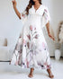Floral Placement Print Deep V Neck Bell Sleeve Vacation Dress Casual Zipper Back Cinched Waist Maxi Dress With Lining white