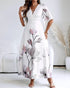 Floral Placement Print Deep V Neck Bell Sleeve Vacation Dress Casual Zipper Back Cinched Waist Maxi Dress With Lining white
