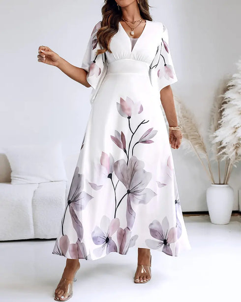 Floral Placement Print Deep V Neck Bell Sleeve Vacation Dress Casual Zipper Back Cinched Waist Maxi Dress With Lining white