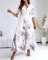 Floral Placement Print Deep V Neck Bell Sleeve Vacation Dress Casual Zipper Back Cinched Waist Maxi Dress With Lining white