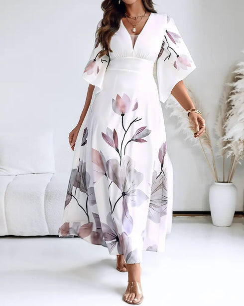 Floral Placement Print Deep V Neck Bell Sleeve Vacation Dress Casual Zipper Back Cinched Waist Maxi Dress With Lining white