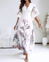 Floral Placement Print Deep V Neck Bell Sleeve Vacation Dress Casual Zipper Back Cinched Waist Maxi Dress With Lining white