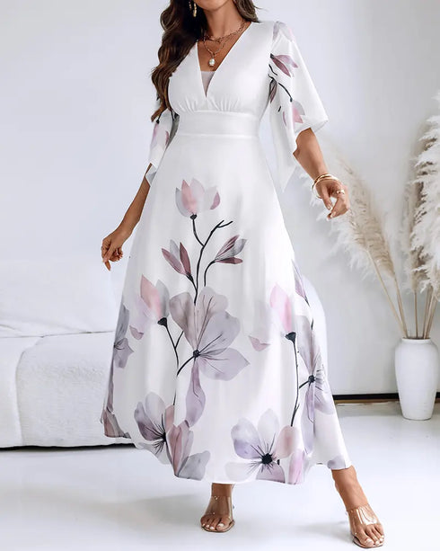 Floral Placement Print Deep V Neck Bell Sleeve Vacation Dress Casual Zipper Back Cinched Waist Maxi Dress With Lining white