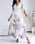 Floral Placement Print Deep V Neck Bell Sleeve Vacation Dress Casual Zipper Back Cinched Waist Maxi Dress With Lining white