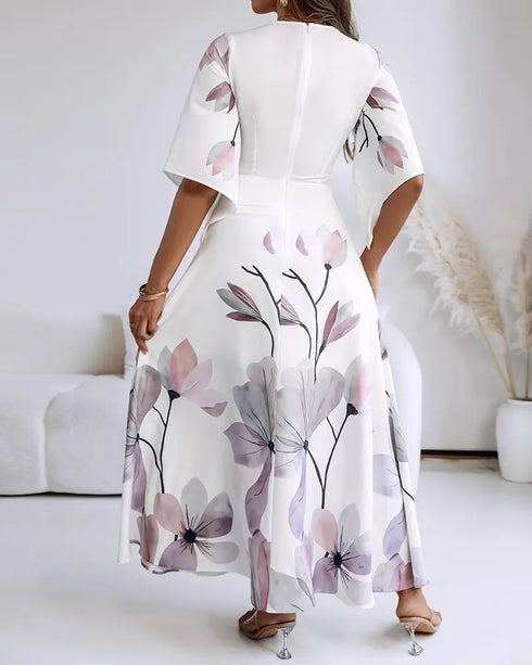 Floral Placement Print Deep V Neck Bell Sleeve Vacation Dress Casual Zipper Back Cinched Waist Maxi Dress With Lining white