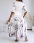 Floral Placement Print Deep V Neck Bell Sleeve Vacation Dress Casual Zipper Back Cinched Waist Maxi Dress With Lining white