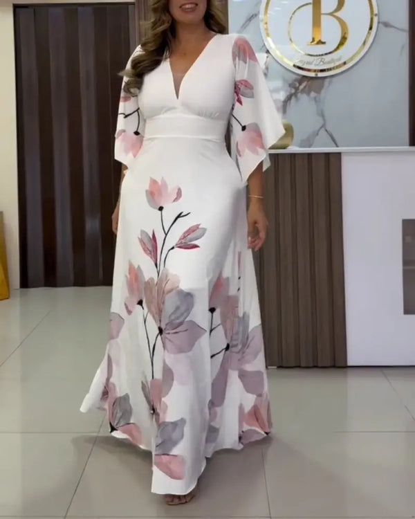 Floral Placement Print Deep V Neck Bell Sleeve Vacation Dress Casual Zipper Back Cinched Waist Maxi Dress With Lining white