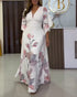 Floral Placement Print Deep V Neck Bell Sleeve Vacation Dress Casual Zipper Back Cinched Waist Maxi Dress With Lining white