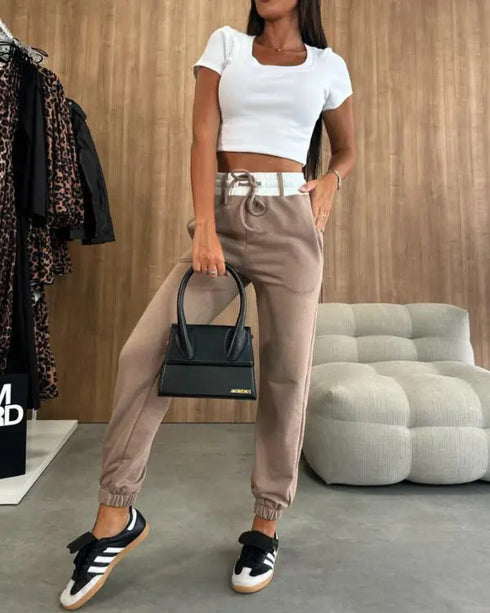 Stretchy Waist Pocket Design Cuffed Sweatpants khaki