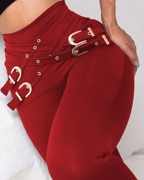 Criss Cross Buckled Decor High Waist Skinny Pants Wine red