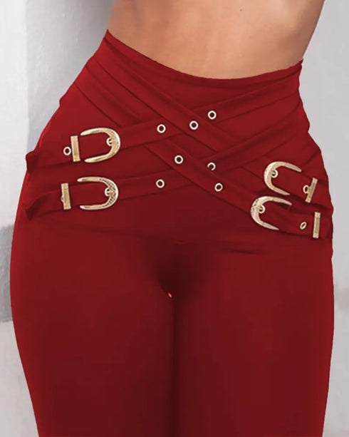 Criss Cross Buckled Decor High Waist Skinny Pants Wine red