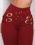 Criss Cross Buckled Decor High Waist Skinny Pants Wine red