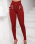 Criss Cross Buckled Decor High Waist Skinny Pants Wine red