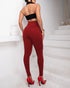 Criss Cross Buckled Decor High Waist Skinny Pants Wine red
