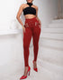 Criss Cross Buckled Decor High Waist Skinny Pants Wine red