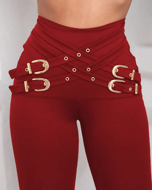 Criss Cross Buckled Decor High Waist Skinny Pants Wine red