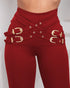 Criss Cross Buckled Decor High Waist Skinny Pants Wine red