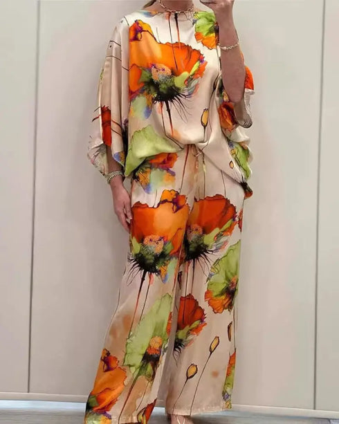 2 Pieces Outfit Floral Print Skew Neck Batwing Sleeve Top and Casual Elastic Wasit Wide Leg Pants Set Multicolor