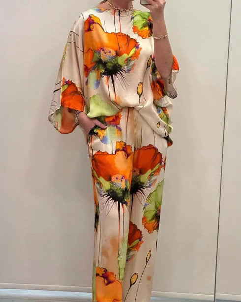 2 Pieces Outfit Floral Print Skew Neck Batwing Sleeve Top and Casual Elastic Wasit Wide Leg Pants Set Multicolor