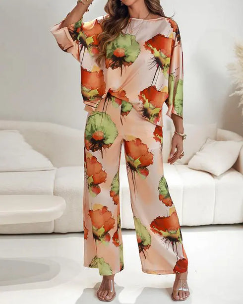 2 Pieces Outfit Floral Print Skew Neck Batwing Sleeve Top and Casual Elastic Wasit Wide Leg Pants Set Multicolor