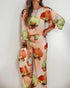2 Pieces Outfit Floral Print Skew Neck Batwing Sleeve Top and Casual Elastic Wasit Wide Leg Pants Set Multicolor