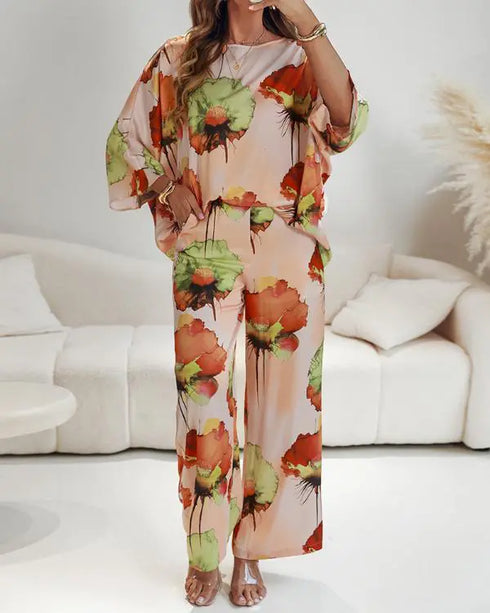 2 Pieces Outfit Floral Print Skew Neck Batwing Sleeve Top and Casual Elastic Wasit Wide Leg Pants Set Multicolor