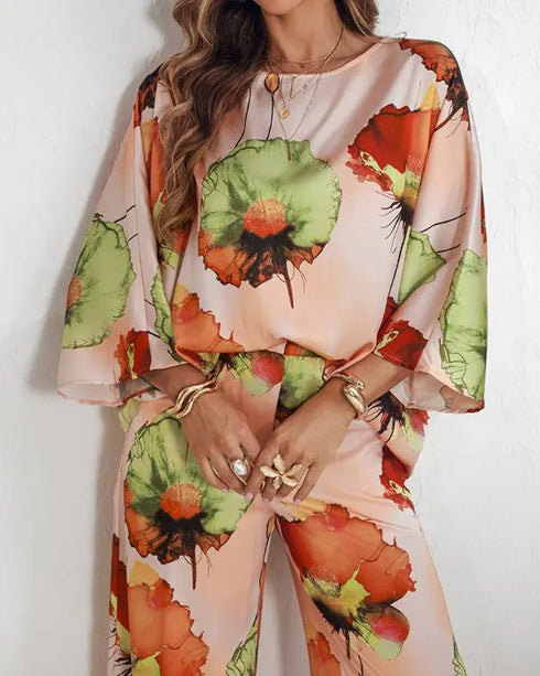 2 Pieces Outfit Floral Print Skew Neck Batwing Sleeve Top and Casual Elastic Wasit Wide Leg Pants Set Multicolor