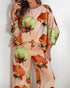 2 Pieces Outfit Floral Print Skew Neck Batwing Sleeve Top and Casual Elastic Wasit Wide Leg Pants Set Multicolor