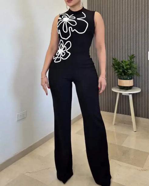 3D Floral Pattern Stand Collar Sleeveless Jumpsuit Casual Zipper Back Wide Leg Jumpsuit black