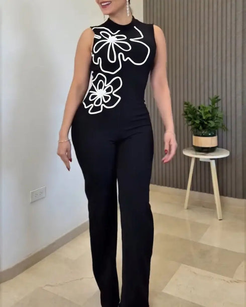 3D Floral Pattern Stand Collar Sleeveless Jumpsuit Casual Zipper Back Wide Leg Jumpsuit black