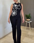 3D Floral Pattern Stand Collar Sleeveless Jumpsuit Casual Zipper Back Wide Leg Jumpsuit black