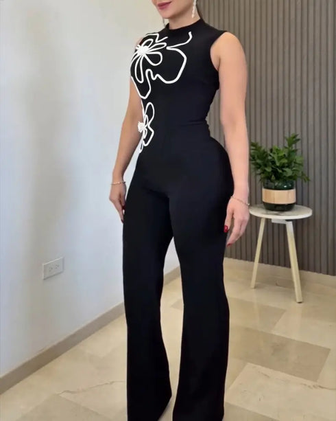 3D Floral Pattern Stand Collar Sleeveless Jumpsuit Casual Zipper Back Wide Leg Jumpsuit black