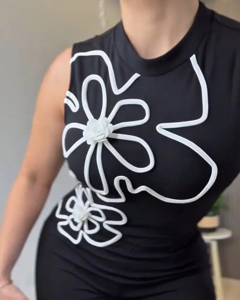 3D Floral Pattern Stand Collar Sleeveless Jumpsuit Casual Zipper Back Wide Leg Jumpsuit black