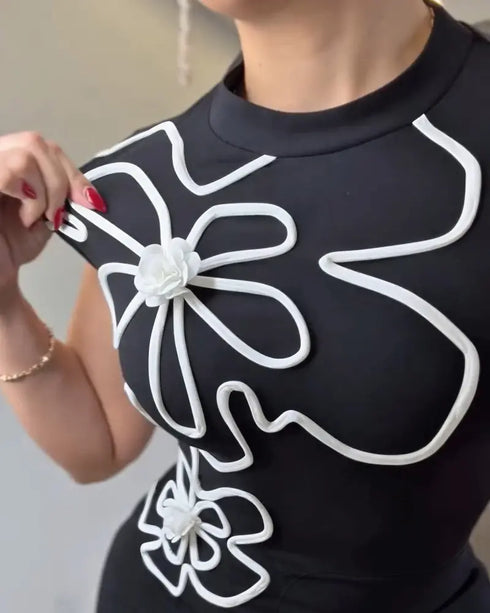 3D Floral Pattern Stand Collar Sleeveless Jumpsuit Casual Zipper Back Wide Leg Jumpsuit black