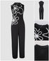 3D Floral Pattern Stand Collar Sleeveless Jumpsuit Casual Zipper Back Wide Leg Jumpsuit black
