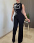 3D Floral Pattern Stand Collar Sleeveless Jumpsuit Casual Zipper Back Wide Leg Jumpsuit black