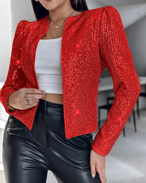 Jacquard & Argyle Pattern Open Front Jacket Casual Crop Coat red